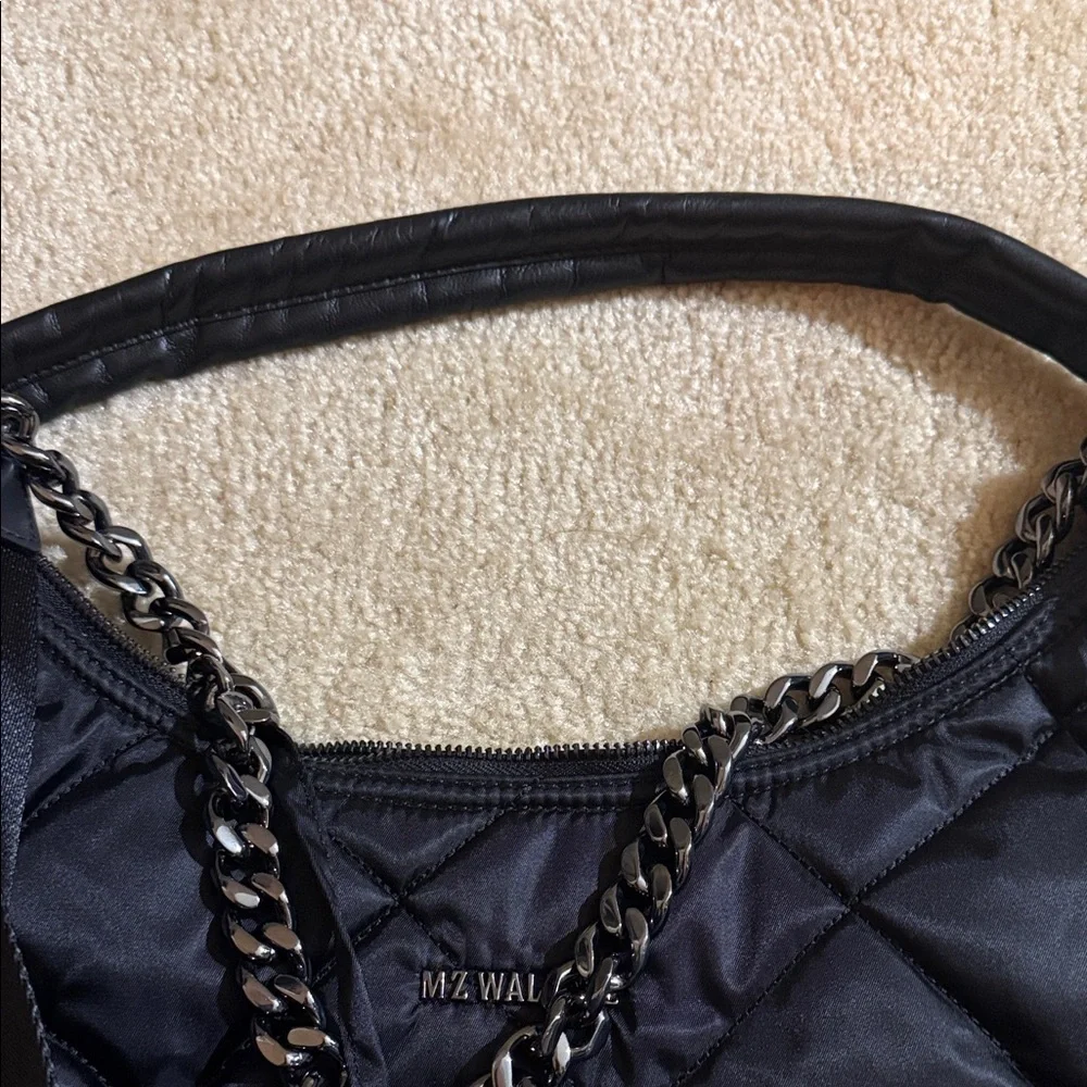 MZ Wallace Quilted Black Nylon Hobo with Silver Chain Accent